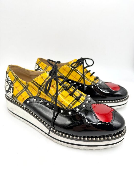 torrid Shoes - Torrid x Betsey Johnson Yellow Plaid Studded Platform Shoes - Size 8WW
